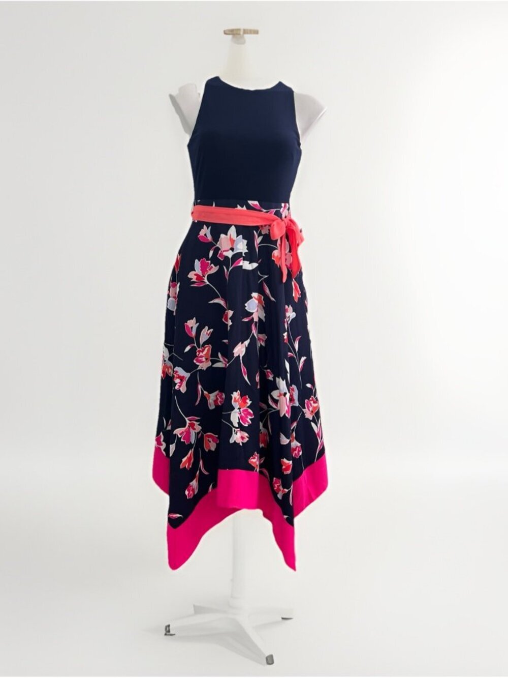 NWT Vince Camuto Midi Dress Size 4 Navy Floral Handkerchief Hem Coral Womens - Picture 2 of 7